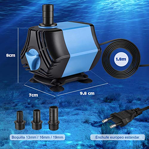 Zacro Submersible Water Pump 2000L/H, Ultra Quiet 40W with 4 Suction Cups and 3 Nozzles (13/16/19 mm) for Aquarium, Fish Tank, Garden, Pond, Fountains