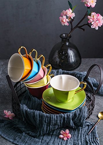 ARTVIGOR Heart Shape Glazed Mixed Color Boxed 150ml / 5.1oz Cup & Saucer Sets, Gift Boxed Coffee and Tea Set Service for 6 - Thumbnail 2