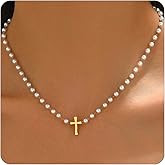 Jewigo Cross Necklace for Women 18K Gold Plated Cross Pendant Necklace Dainty Sidways Cross Choker Necklaces Simple Small Cross Pearl Chain Trendy Faith Jewelry Gift