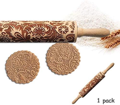 Lshuqing Wooden Rolling Pins with Flower Embossing, Paisley Embossed Natural Wood Carved Snowflake Vine Plant Engraved Rolling Pin for Christmas Baking Cookies, Biscuits (35cm / 13.7")