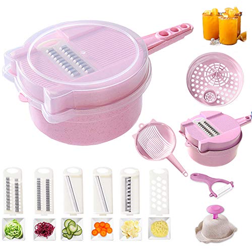 Allinone Vegetable Slicer Vegi Grater 11 in 1 Multi-function Easy Food Cutter Professional Cheese Chopper with Salad Cutter Bowl, Pink
