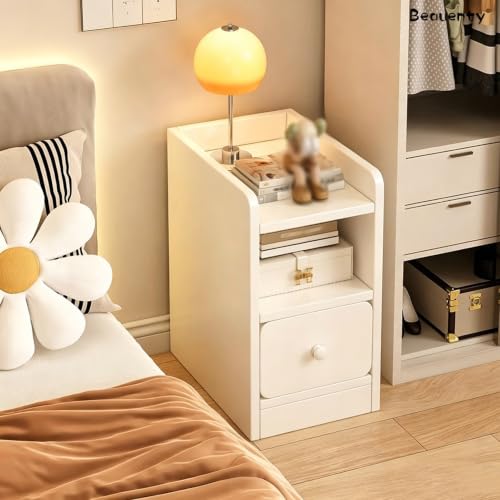 Beauenty Bedside Table Narrow Nightstand, Single Drawer Gap Bedside Cabinet, 20cm Wide Simple Night Stand for Rental Apartment, Small Bedroom, Living Room (White) (20 * 30 * 50CM)