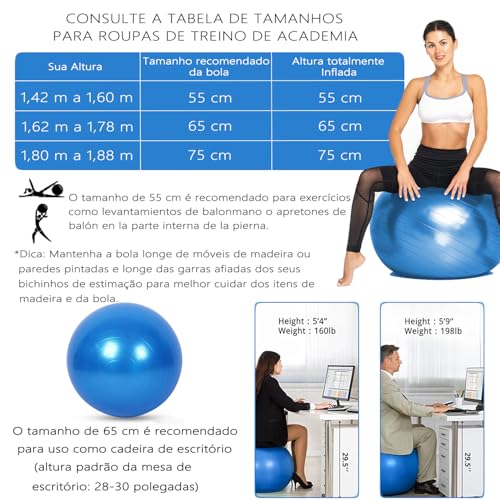 GODREAM Bola Pilates, Bola Fisioterapia, Bola Suiça, 55 cm, 65 cm, 75 cm, Anti estouro, Suporta até 300kg, Ideal para Gestante, Ginastica, Yoga, Academia e Pilates em casa, com Bomba