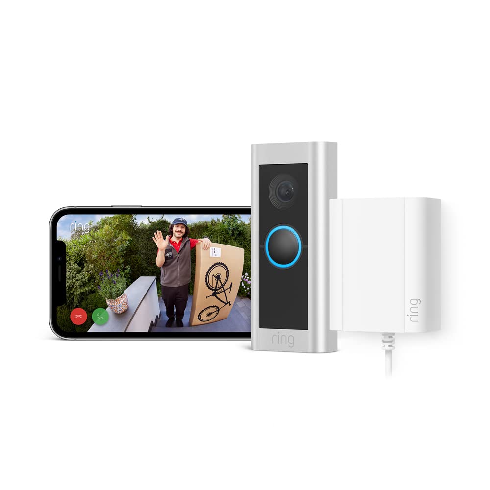 Ring Sonnette vidéo Pro filaire (anciennement Video Doorbell Pro 2) + adaptateur secteur | Sonnette avec vidéo 1536p HD en plan moyen, détection de mouvements 3D | Essai Ring Home gratuit 30 j.