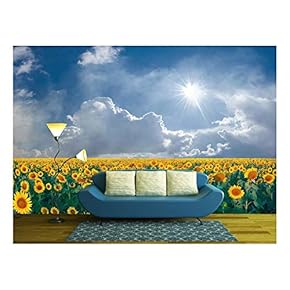 Summer Beautyful Landscape with Big Sunflowers Field and Blue Sky with Clouds - Removable Wall Mural | Self-Adhesive Large Wallpaper - 66x96 inches