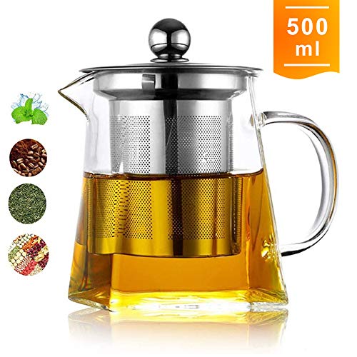 Highbor Clear Glass Tea Pot with Strainer, 500 ml/16.9oz Borosilicate