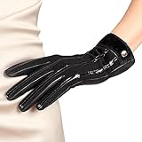 Elma Womens Touchscreen Texting Driving Dress Leather Winter Gloves, Suede Leather Back and Patent Leather Stripe
