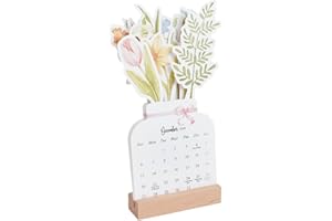CRAFTYMELODY 2026 Year Flower Desktop Calendar with Wood Base Removable Vase Shape New Year Monthly Planning Calendar Floral 
