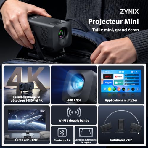 Video projector【Built-in App & Auto Keystone】 Android 14, Projector | NIX500 Mini Portable Video Projector Short Throw WiFi 6 Bluetooth 5.4 with 210° Rotation, Supports 4K 1080P Home Theater