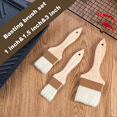 Pastry Brush Natural Bristle Basting Brush Kitchen Oil Brush with Beech Wooden Handle for Spreading Butter, Egg Wash or Marinade to Pastries, Dessert, Bread Dough or Meat (1 inch & 1.5 inch & 3 inch)