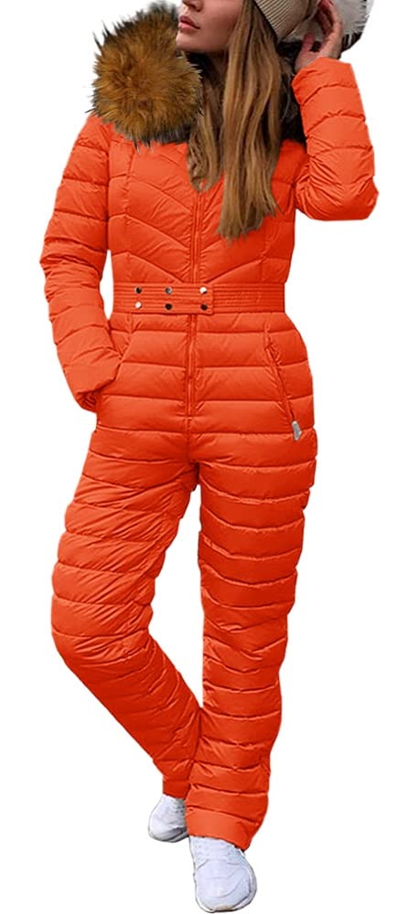 Photo 1 of Cicy Bell Womens One Piece Ski Suits Winter Outdoor Sports Jumpsuit Fur Collar Coat Windproof Waterproof Hooded Snowsuit (Orange, Small)