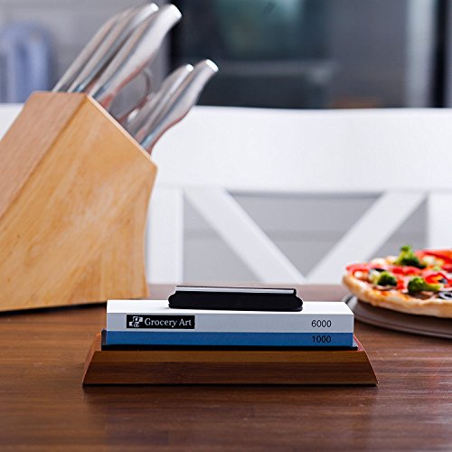 Whetstone Knife Sharpening Stone | Waterstone Knife Sharpener 1000-6000 Grit with Non-Slip Bamboo Base and Angle Guide | Best Wet Stone Kitchen Knives Sharpening Kit