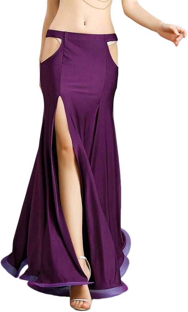 ROYAL SMEELA Sexy Slim Belly Dance Skirt Slit Hollow Out Dancing Skirts Belly Dance Costume Outfit Women Performance Clothes Split Mermaid Maxi Skirt Dresses Dark Purple