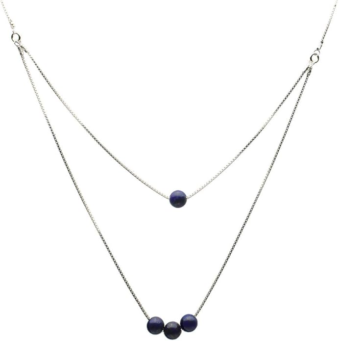 20+2 Extender 2-Strand Blue Lapis Stone Beads Sterling Silver Box Chain Necklace