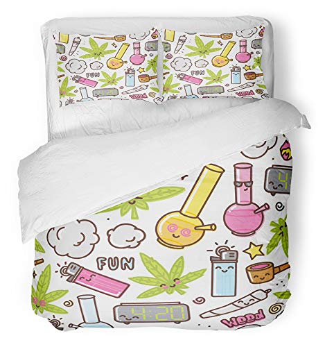 Emvency 3 Piece Duvet Cover Set Breathable Brushed Microfiber Fabric Green Weed Marijuana Kawaii Cartoon Pattern White Cannabis Leaf Smoke Bong Pot Bedding Set with 2 Pillow Covers King Size - Thumbnail 6