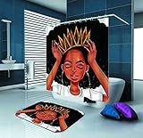 SARA NELL Afro Girls Afro Queen Afircan Art Shower Curtain,African American Women Girl with Crown 72X72In Waterproof Polyester Shower Curtains with 15.7X23.6In Flannel Non-Slip Floor Doormat Bath Rugs