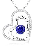 Blue Sapphire Gems Birthstone Necklace Love Hearts Engraved Pendant Jewelry Gifts for Women ,Sterling Silver Charm with18