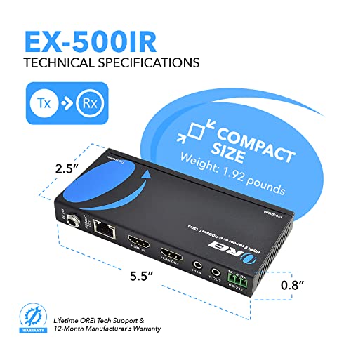 OREI HDBaseT HDMI Extender over Cat5e/6 Ethernet LAN cable - Up to 500 Feet - IR, HDMI Loop-out, RS-232, PoC, HDMI Balun (EX-500IR)