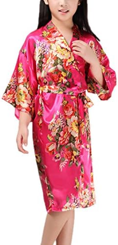 Mobarta Girls' Floral Satin Kimono Robe Flower Girl Bathrobe Getting Ready Robe for Wedding Spa Party Birthday Gift