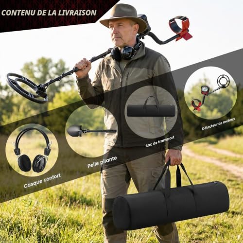 Professional Metal Detector, 5 Detection Modes IP68 Waterproof Search Disc 10 Inches, Adjustable Rod from 42.1 Inches to 52 Inches with Backlit LCD Screen Suitable for Adults and Children - Red