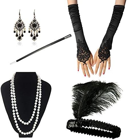 InnoBase 1920s Accessories Set Great Gatsby Flapper Costume For Women Feather Headband, Pearl Necklace, Long Gloves accessories, Black Cigarette Holder Accessories For Party (C16)