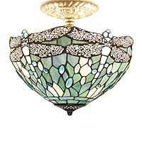 Tiffany Ceiling Light Fixtures Semi Flush Mount 12 Inch Sea Blue Stained Glass Dragonfly Lampshade 2 Bulb For Living Room Bedroom Small Hanging Pendant Chandelier Mission Antique Style S147 WERFACTORY