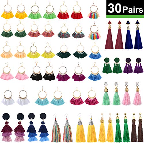 XPCARE 30 Pairs Colorful Tassel Earrings Tassel Long Layered Thread Drop Earrings Bohemian Tassel Earrings Gift Set
