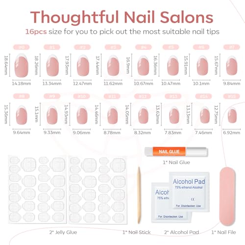 modelones French Tips Press on Nails, 32Pcs 16 Sizes Short Oval Fake Nails Kit Press Ons with Nail Glue, Adhesive Tabs, Nail File, Prep Pad, Manicure Stick - Image 3