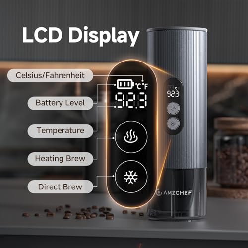 AMZCHEF Portable Coffee Maker 20Bar, 2-IN-1 Self-Heating Portable Espresso Maker with LCD Display, USB-C Rechargeable, Compatible with NS Capsule & Ground Coffee for Camping, Travel, Office & Home Use