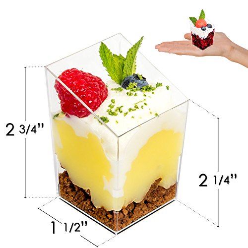 DLux 32 x 3 oz Mini Dessert Cups with Spoons, Square Slanted Clear