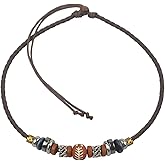 Ancient Tribe Boho Leather Choker Necklace with Beads, Adjustable Braided Cord, 16 Inches