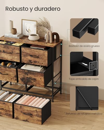 SONGMICS BELLAH Collection - Chest of Drawers, Steel, Bedroom, Wardrobe, Hallway, Living Room, 6 Drawers, Rustic Brown and Black Ink LGS123BH04