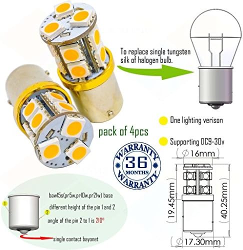Wiseshine PR5W PR10W PR21W led auto bulb baw15s PR21W 7508 R782 bulb S25 13smd 5050 DC9-30v wide range input 3 years quality assurance (pack of 4) baw15s 13smd 5050 Yellow