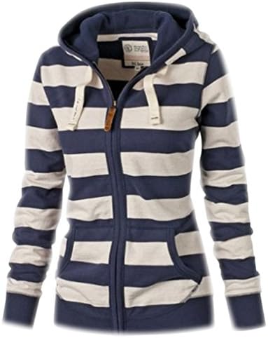 Fuxiang Womens Sweatshirts Stripe Hoodie Pullover Long Sleeve Ladies Oversized Sweat Jumpers Zip Up Zipped Hoodies Tops Casual Warm Female Sweatshirt with Pockets Autumn Winter White Blue