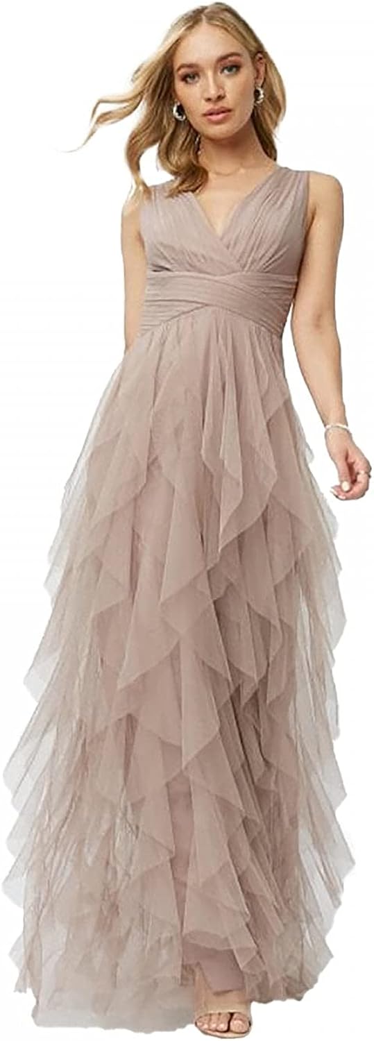 Little Mistress Bridesmaid Leonora Oyster Ruffle Mesh Maxi Dress 12 Oyster Amazon.co.uk Clothing