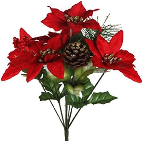 (Pack Of 4) Christmas House 7Stem Poinsettia Bushes With Pinecones 12" (Red Poinsettas)