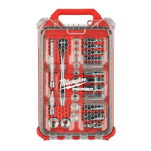 Milwaukee 3/8-Zoll-Antrieb SAE Ratschen- und Steckschlüsselmechaniker-Werkzeug-Set mit Packout-Koffer (28-teilig)