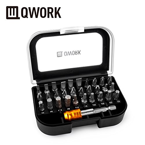 QWORK 31 Pcs Screwdriver Bit Set (30 Most Commonly Used Screwdriver Bits + 1 Quick Release Hex Chuck Extension Adapter)