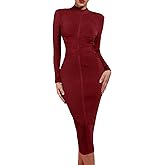 UONBOX Women's Long Sleeves Cross Strap Ribbed Club Party Midi Bodycon Bandage Dress