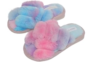 Fadezar Girls Fluffy Slippers for Kids Cute Fuzzy Slippers Open Toe Warm Fur Slides Cross Band Plush Slip on House Indoor Slippers