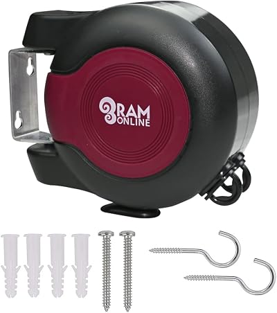 Ram 30m Retractable Clothes Line Wall Mounted Heavy Duty Burgundy
