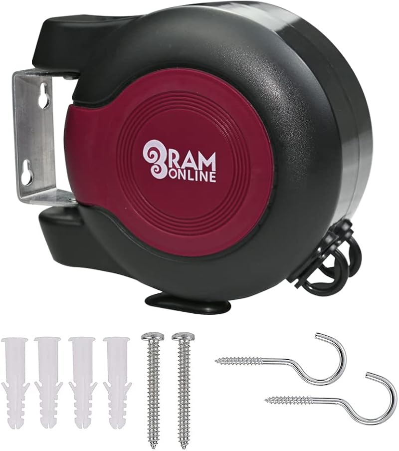 Ram 30m Retractable Clothes Line Wall Mounted Heavy Duty Burgundy