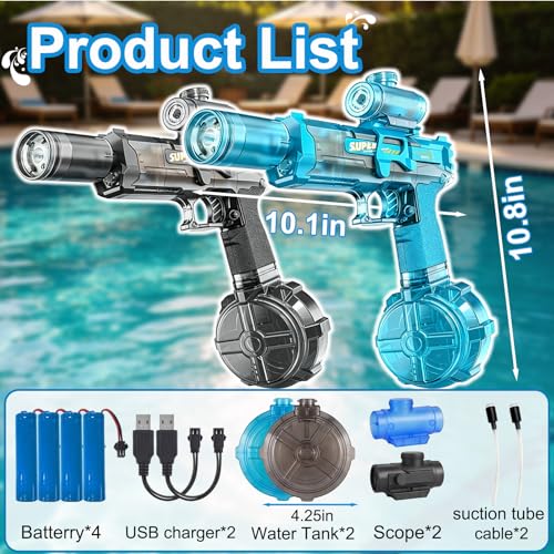 Electric Water Gun for Kids Adults, 2Packs Automatic Squirt Gun with LED Light & Spray Sound, Rechargeable Waterguns with Large Tank, Summer Outdoor Pool Beach Backyard Water Toys Gifts for Boys Girls