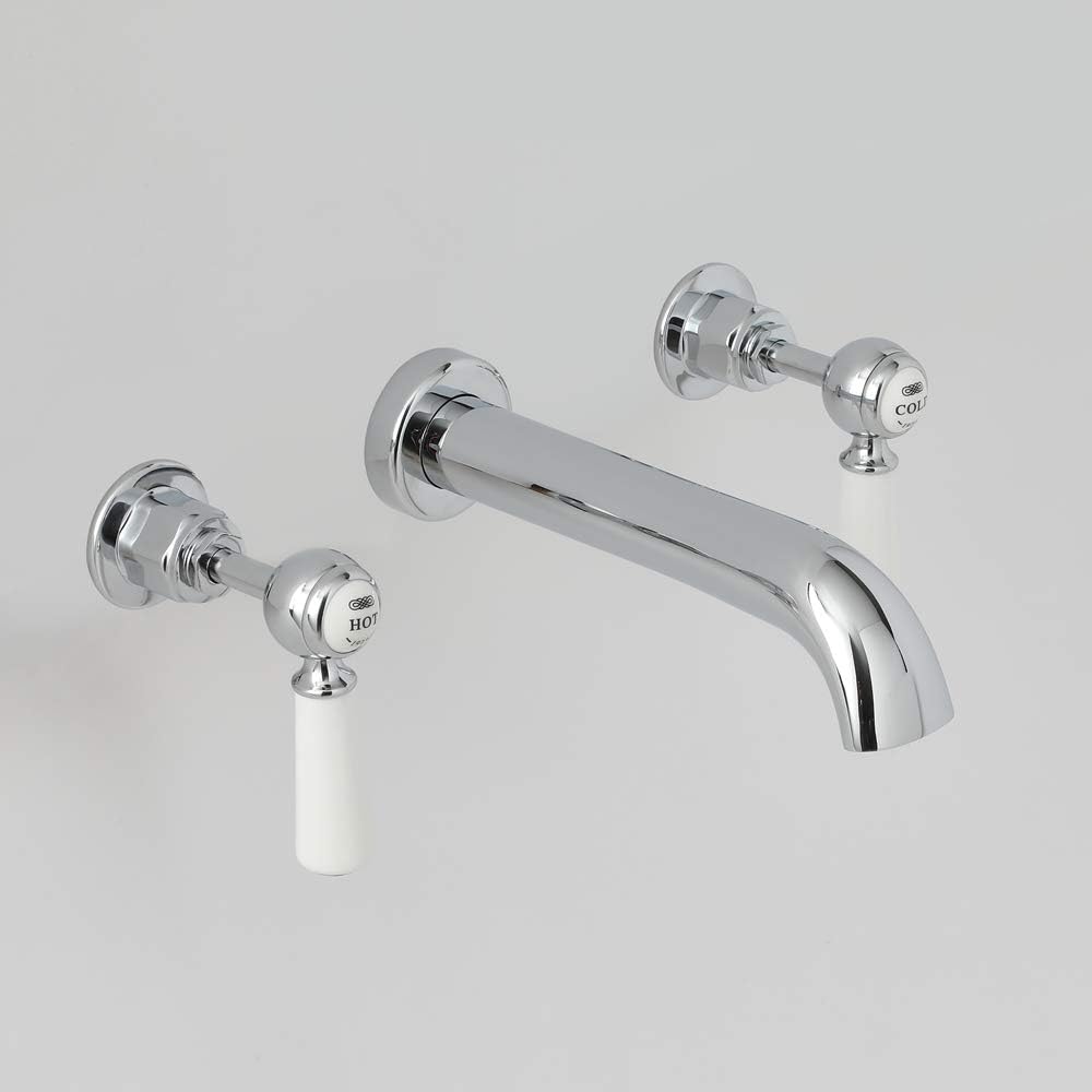 Milano Elizabeth Wall Mounted 3 Tap-Hole Basin Mixer Tap Chrome White Lever