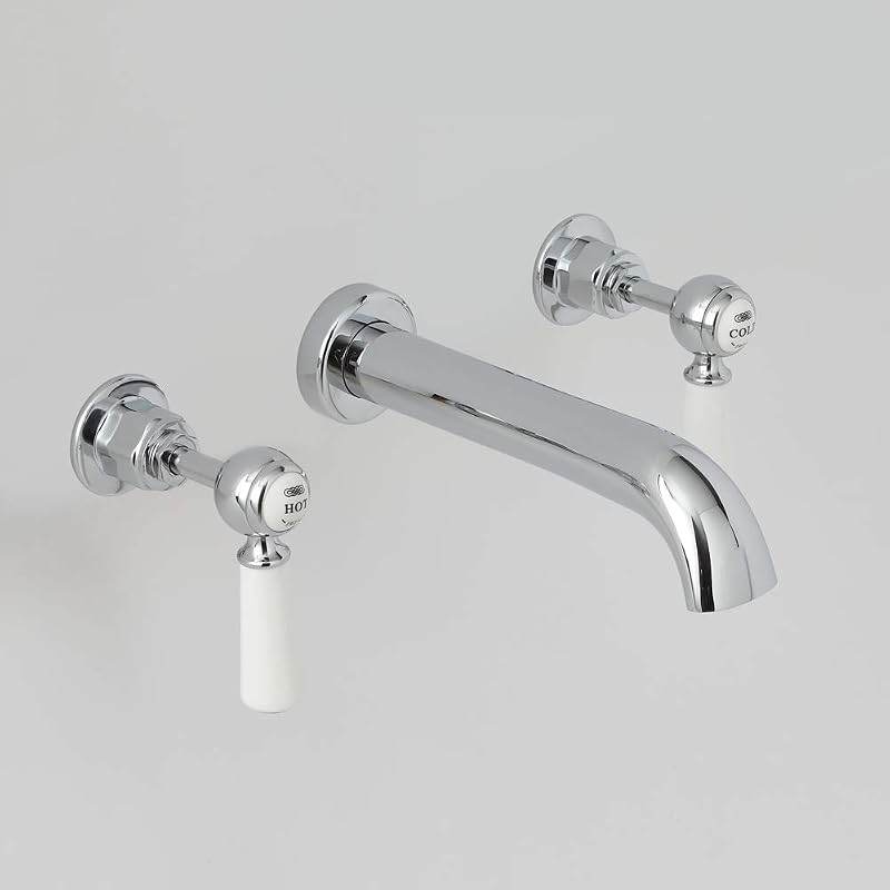 Milano Elizabeth Wall Mounted 3 Tap-Hole Basin Mixer Tap Chrome White Lever