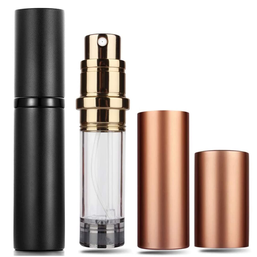 Travelofo Perfume Atomiser Spray Bottle, Mini Perfume Bottles,Travel Perfume Bottle Refillable Spray, 5ml Leaking Proof Perfume Dispenser Atomisers for Travel, Luxury Gifts for Women (Black+Gold)