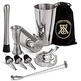 Boston Cocktail Shaker Set - Professional Bar Drink Mixing Supplies - Ultimate Collection Bartender Muddler Kit , Stainless Steel Martini Shakers , Gold with Black Velvet Sleeve