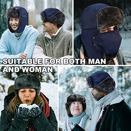 Trapper Hat Winter Hats for Men Women, Russian Warm Trooper Hat with Ear Flaps, Ushanka Bomber Fur Hats with Windproof Mask Blue