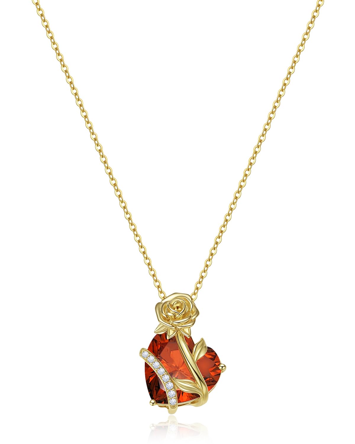 Garnet Heart Necklace for Women, 14K Gold Plated Sterling Silver Love Rose Flower Birthstone Pendant, Romantic Gemstone Anniversary Christmas January Birthday Jewelry Gifts for Her Wife Girlfriend Mom