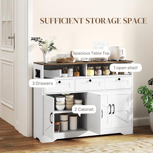 HOMCOM Sideboard Buffet Cabinet, 47" Farmhouse Kitchen Storage Cabinet with 4 Barn Doors and 3 Drawers, Coffee Bar Station with 2 Adjustable Shelves, 2 Open Shelves, White